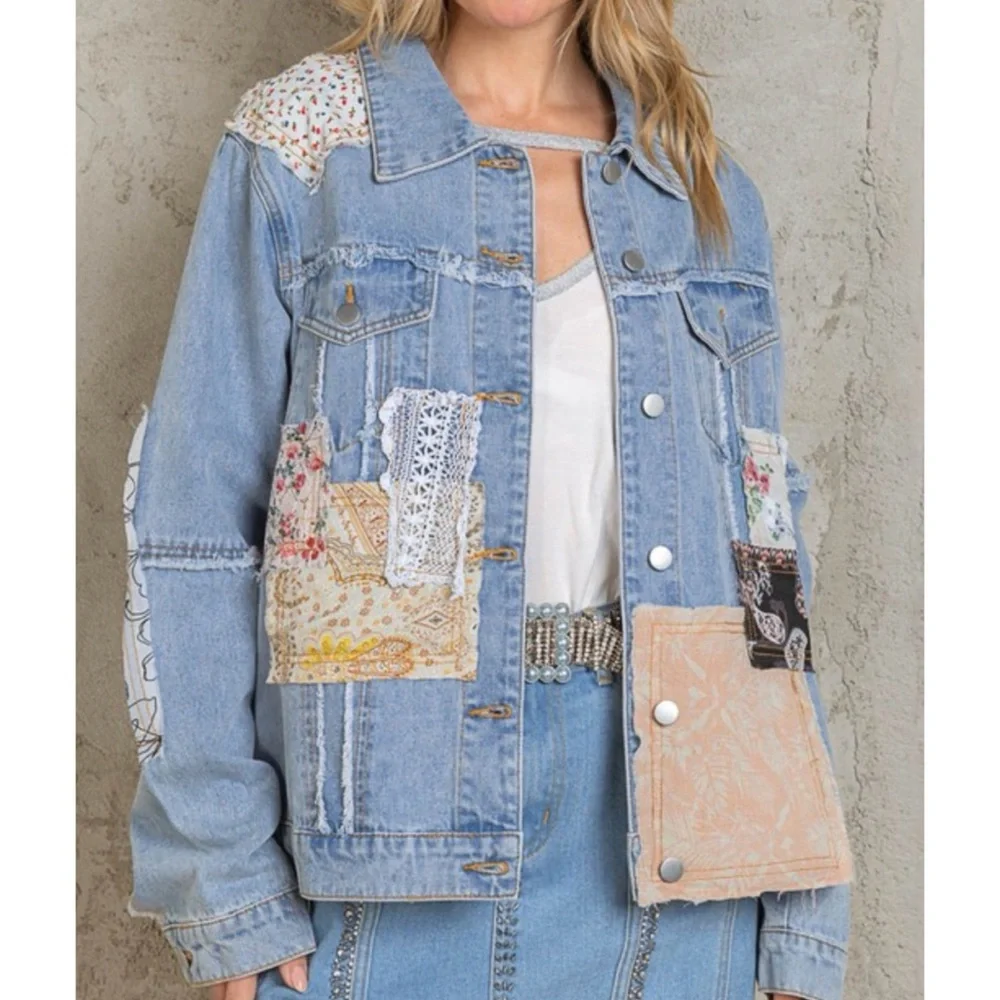 Patchwork Denim and Lace Jacket Distressed Boho Denim Shacket Mixed Floral Lace - Picture 1 of 17